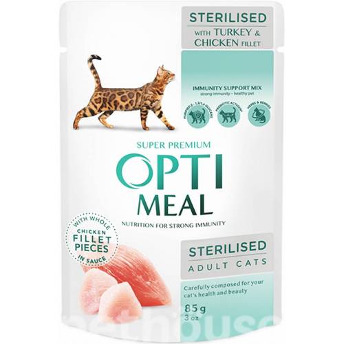 Optimeal Кусочки с индейкой и куриным филе для стерилизованных кошек 85г
