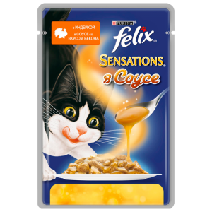 Консервы для кошек Felix Sensations, в Удивительном соусе индейка и бекон (пауч) (85гр)