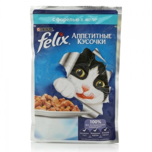 Консервы для кошек Felix Agail, аппетитные кусочки в желе форель (пауч)(85гр)
